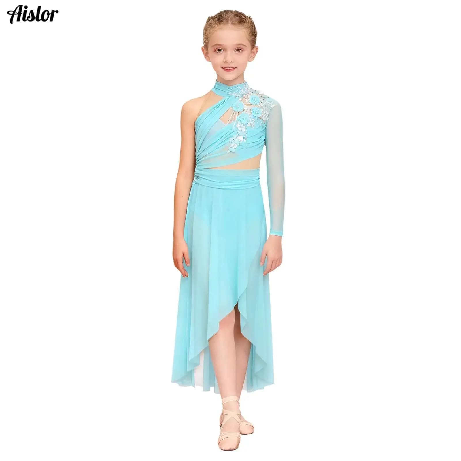 Abito da ballo lirico moderno per bambina, applique delicata, monospalla, buco della serratura, spacco laterale posteriore, orlo asimmetrico, abito in rete increspata