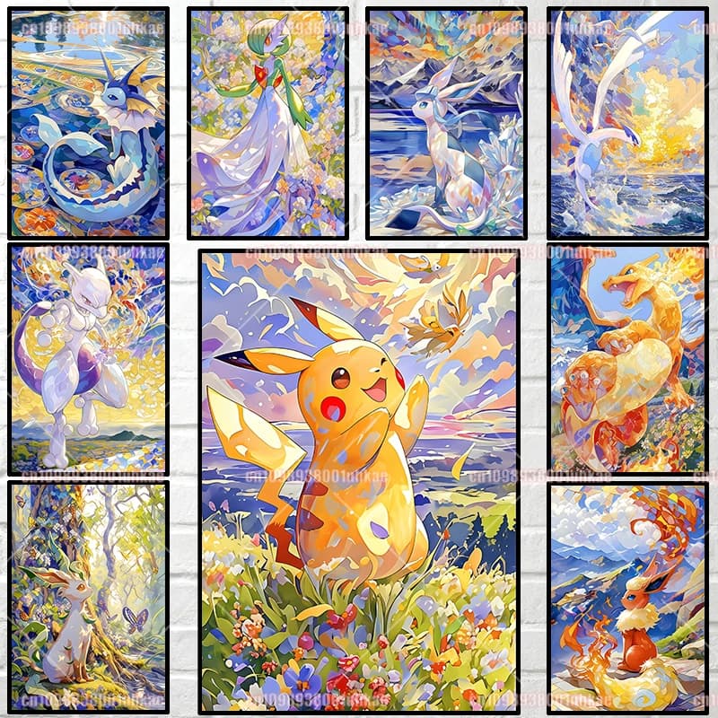 Classic Anime Pokemon Mewtwo Eevee Charizard Gardevoir Greninja Poster Watercolor Canvas Painting Wall Art Decorative Paintin