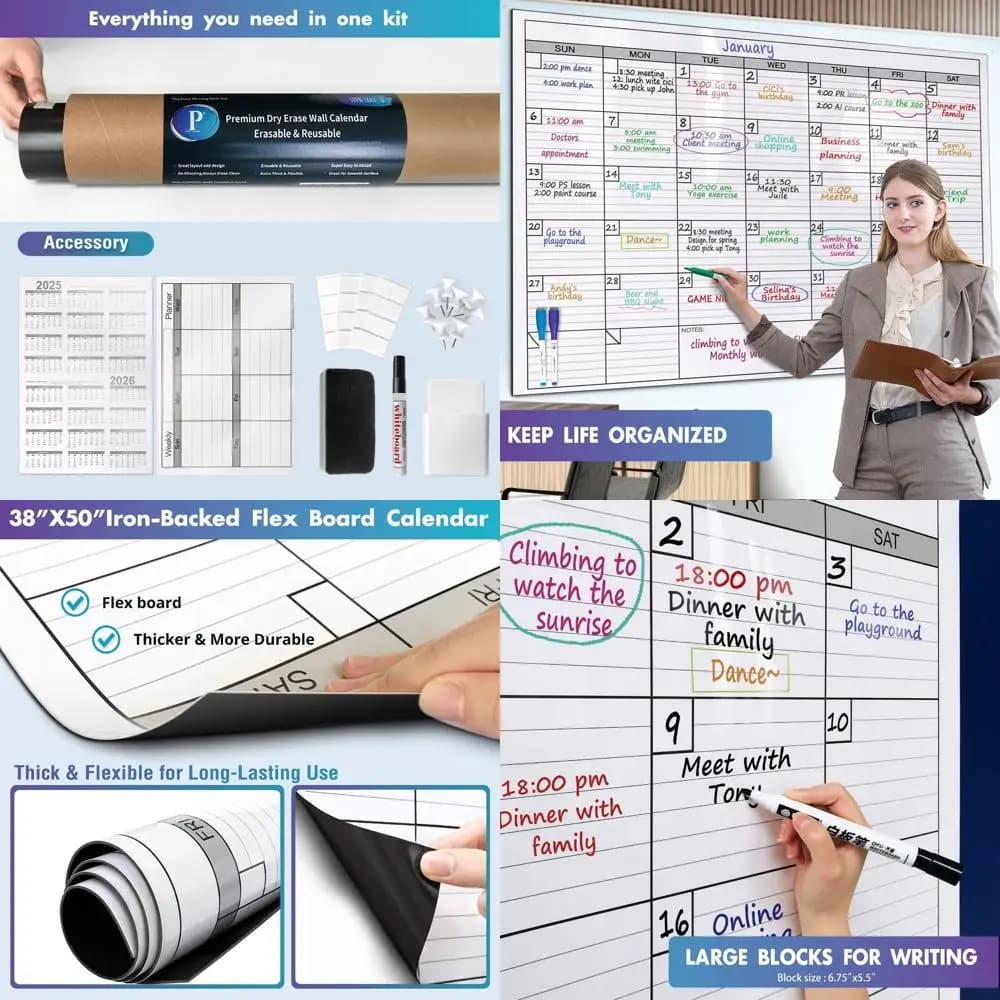 Grande calendario magnetico cancellabile a secco, lavagna da 38x50 pollici con supporto in ferro per parete, design a griglia quadrata, compatibile con M