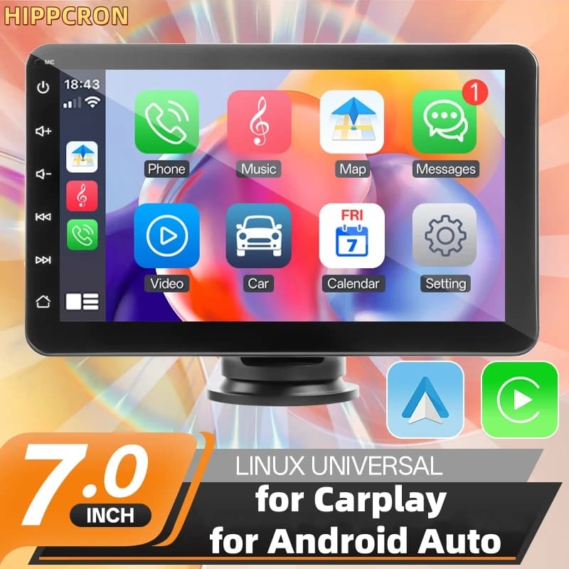 HIPPCRON Lettore Multimediale per Auto da 7 Pollici con Display HD per CarPlay e Android Auto, Radio per Auto Portatile con Schermo Touch Wireless e Fotocamera