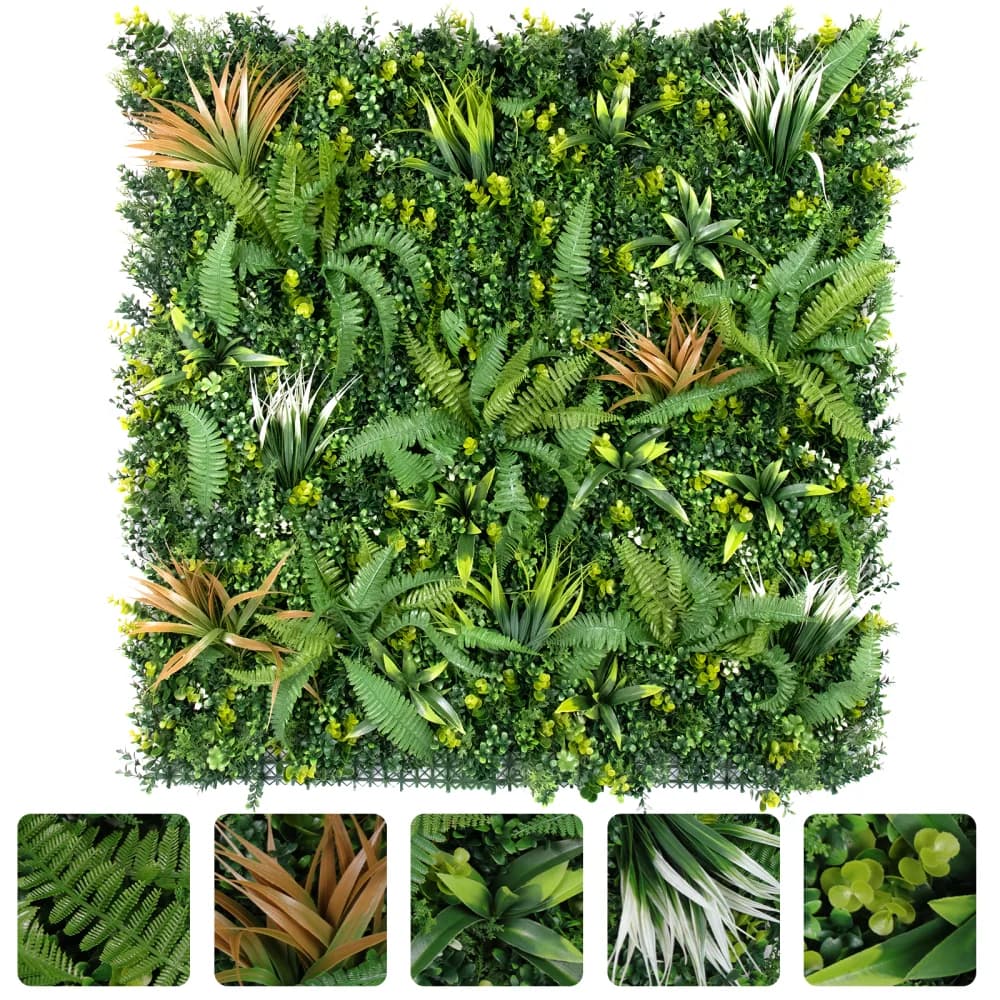 Confezione da 3 pannelli decorativi in erba sintetica 100x100 cm, siepe finta a forma di felce selvatica, parete in erba resistente ai raggi UV, schermo per recinzione, parete vegetale fai da te con fascette, decorazione per interni ed esterni, pannello per sfondo matrimonio