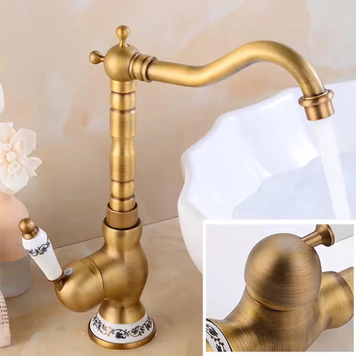 Rubinetto per lavabo con manico in ceramica in ottone antico Rubinetto per bagno girevole antico Rubinetto per cucina Miscelatore caldo freddo Gru Rubinetto per cucina