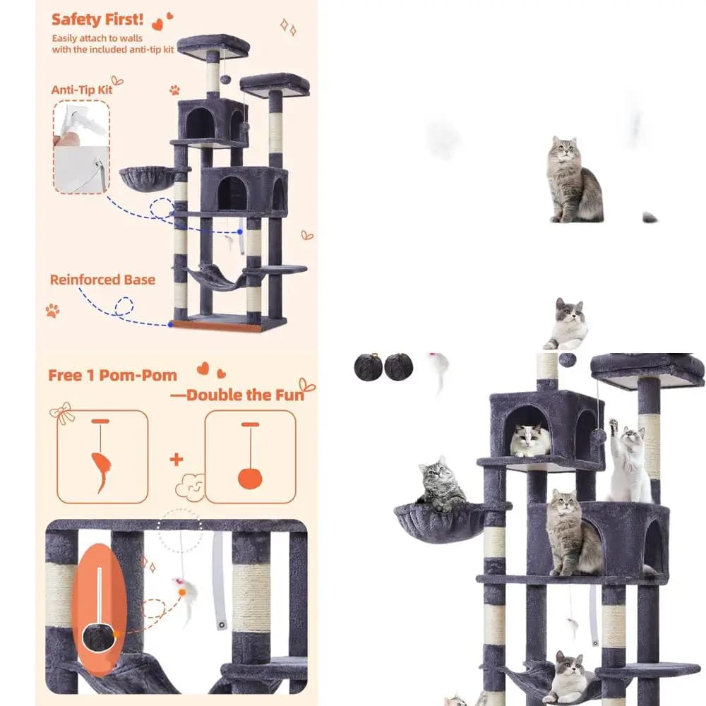 66.2 Albero per gatti da interno con 7 tiragraffi, 2 posatoi, 2 grotte, amaca, grigio fumo