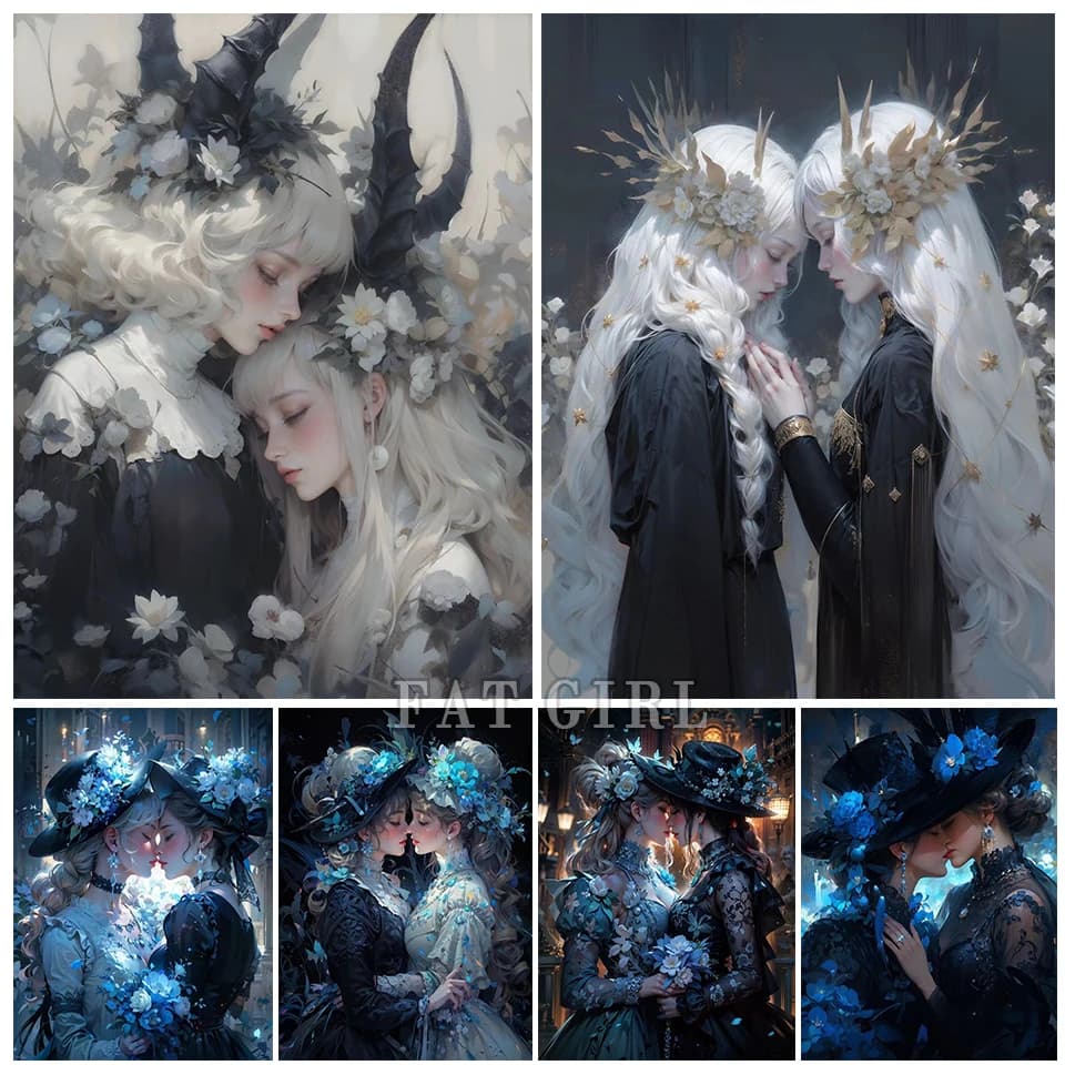 Gothic Art Diamond Painting Fantasy Sisters Flower Handmade Mosaic Woman Kiss Cross Stitch Full Drill Halloween Home Decor S105