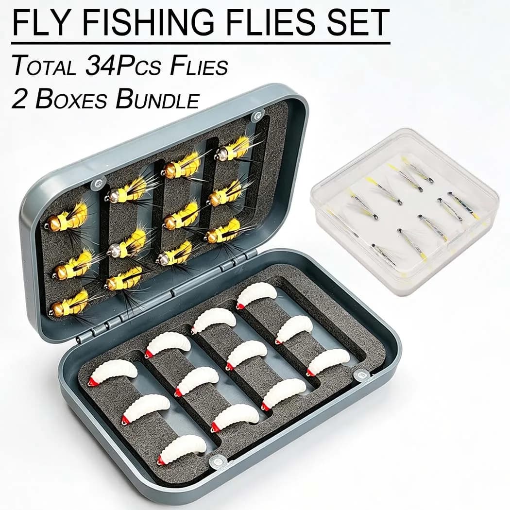 2 Boxes Bundle(Total 34Pcs Flies) Fly Fishing Flies Kit, Hand Tied Trout Bass Fly Bait with Fly Box, Dry Flies Fly Fishing Lures