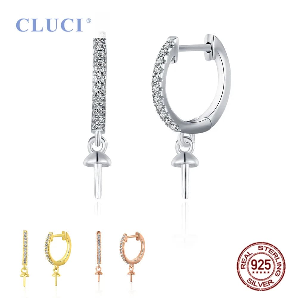 CLUCI Real 925 Sterling Silver CZ Round ciondola orecchini a bottone montature per le donne fai da te festa di nozze gioielli di perle SE134SB