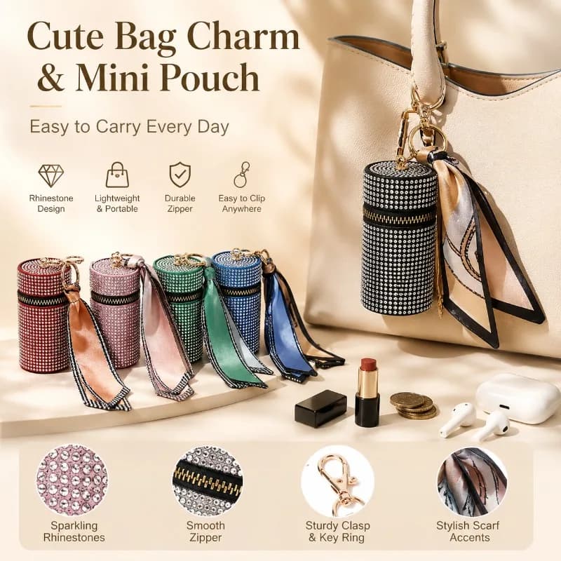 Fashion Rhinestone Pouch Keychain Lipstick Holder Coin Case Bag Pendant with Scarf Charm for Women Daily Carry Gift Accessory