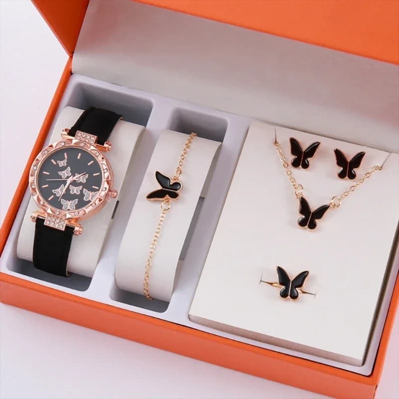 Set di gioielli a farfalla (senza scatola) Orologi da donna Orologio da donna in pelle Anelli Collana Orecchini Bracciale Regalo di nozze