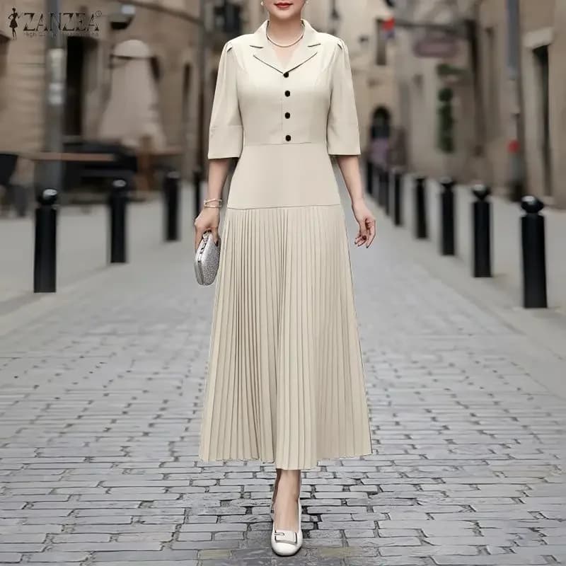 ZANZEA Elegante A Line Abiti a pieghe Donna 2026 Abito estivo Risvolto Collo Mezza manica Midi Robe Vita solida OL Vestito estivo da lavoro
