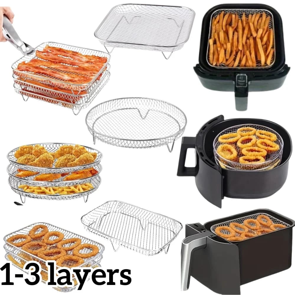Accessori per friggitrice ad aria in acciaio inossidabile a 1/3 strati Cremagliera per barbecue impilabile Cestino per friggere alimenti multiuso per utensili da cucina