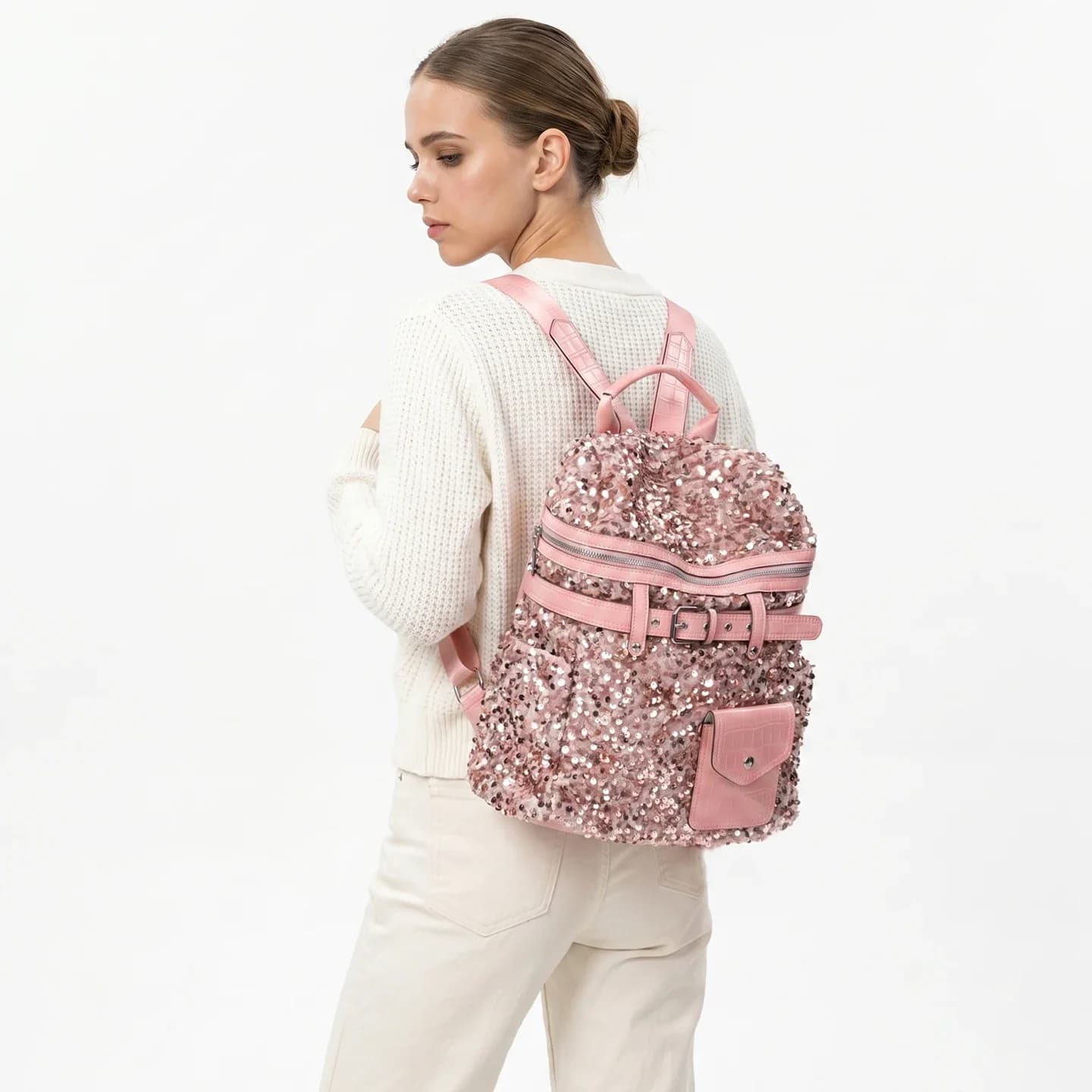 Nuovo Arrivo Zaino da Donna con Paillettes Scintillanti, Borsa Scolastica Rosa Lucida, Zaino Casual alla Moda per Ragazze