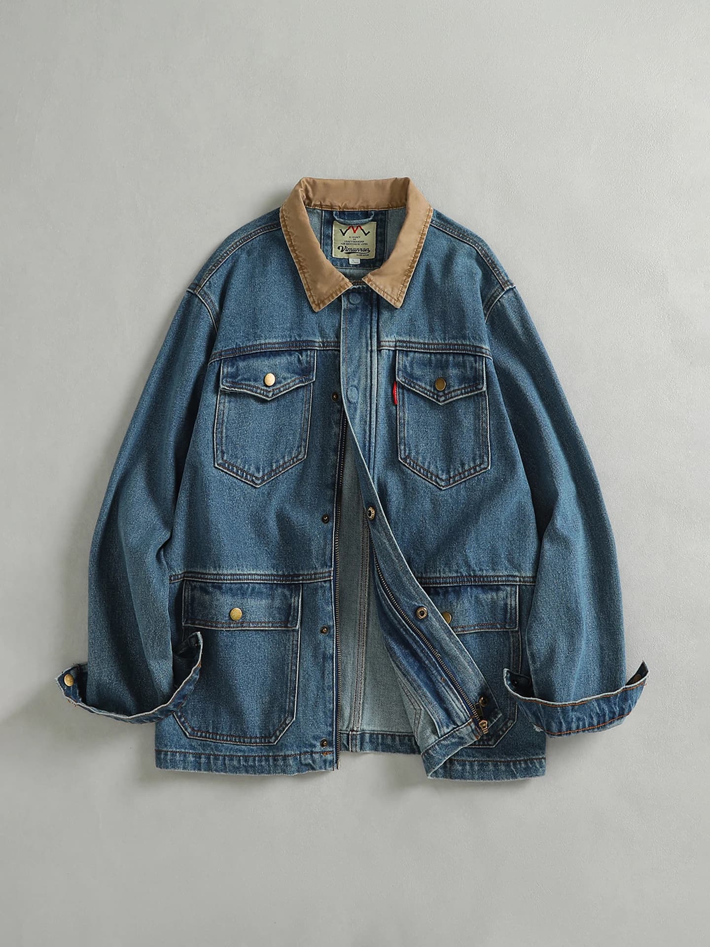 Giacca di Jeans da Uomo Stile Americano Vintage Lavato, Colletto Patchwork, Multi-Tasca, Moda Outerwear in Cotone, Manica Lunga con Cerniera