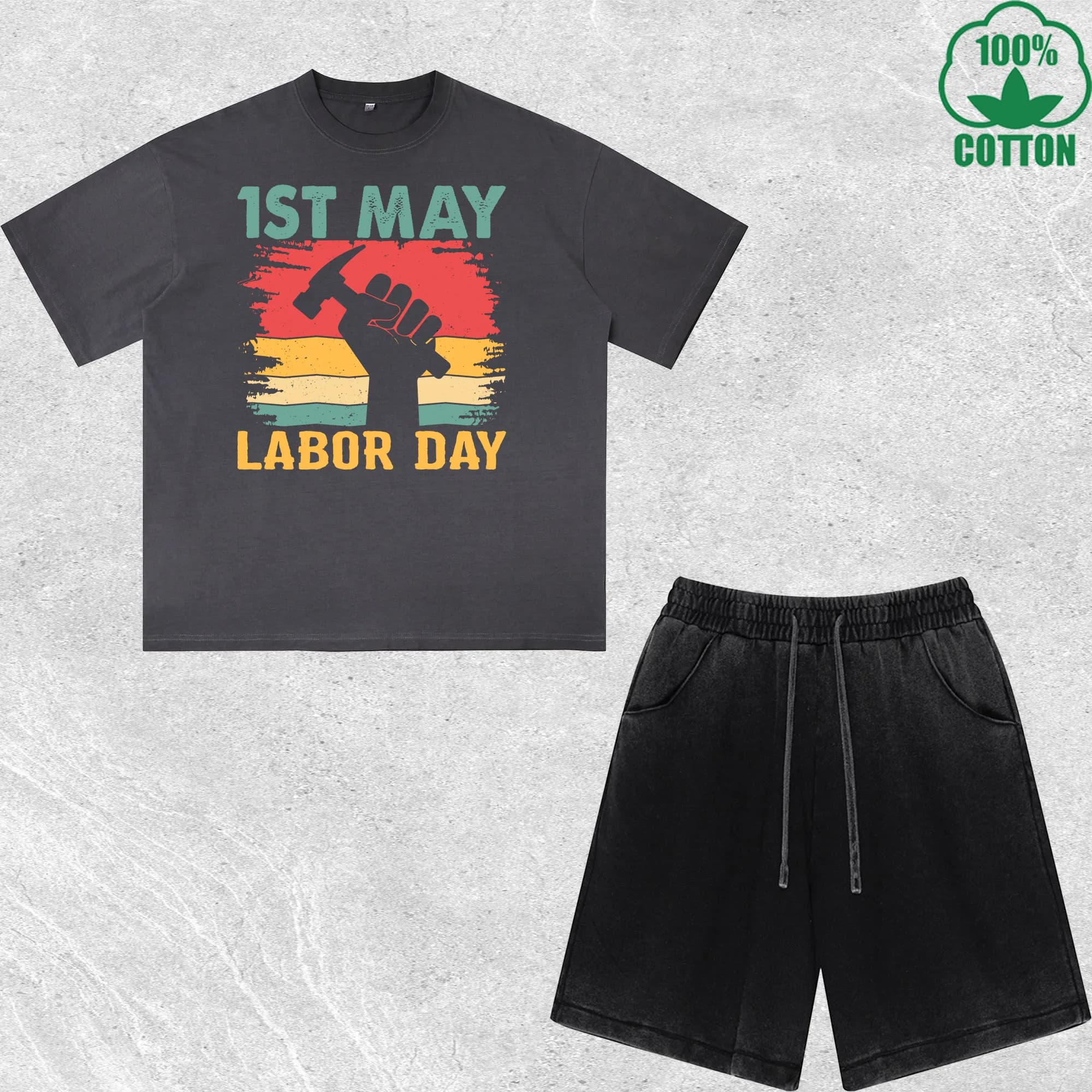 Set T-shirts and Shorts 100% Cotton Print Labor Day of May 1st, Delavé Effect, Multicolor, Wide fit, Trendy and Fashion