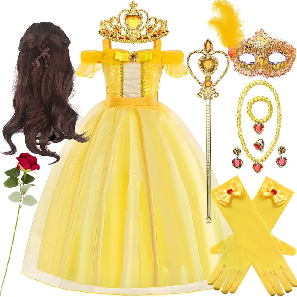 Costume da Principessa Belle di Disney per Bambine, Abito in Tulle per Feste di Compleanno e Carnevale