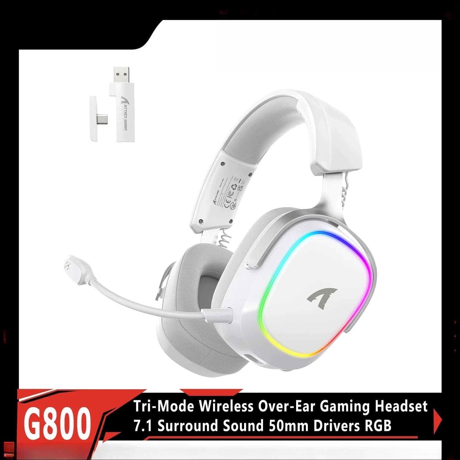 Cuffie da Gaming Wireless RGB ATTACK SHARK G800: Audio Surround 7.1, Driver da 50mm, Cuscinetti in Memory Foam, Cablate/2.4Ghz/BT