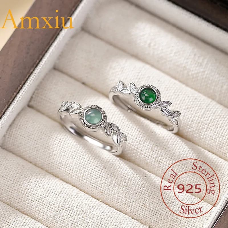 Anello in argento unico di moda di lusso leggero con foglia intrecciata rotonda in giada blu acqua Amxiu in argento sterling 925