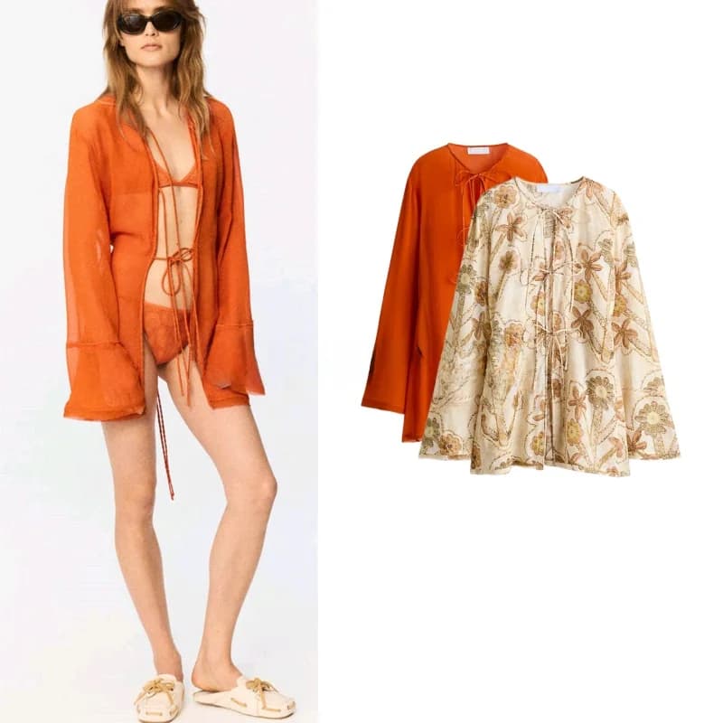 Summer New Women's Casual Style Long Sleeve round Neck Knot Belted Top Loose Fit Skin-friendly Breathable Polyester