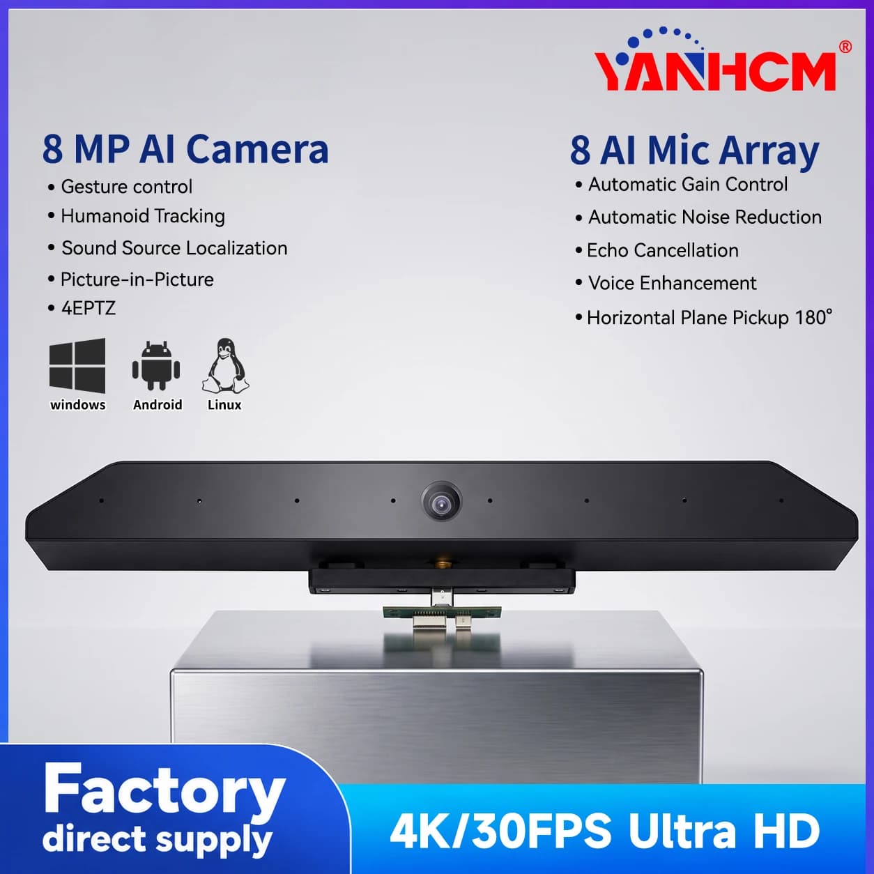 8MP Webcam Camera 1080P 4K 30FPS HD 8 Array Mic AI Tracking 4X EPTZ Video Conferencing System Interactive Flat Panel Display