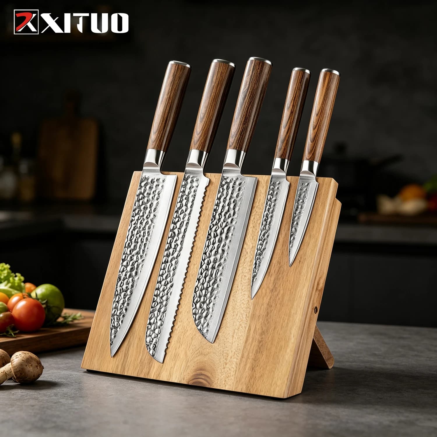 XITUO Damascus Kitchen Knife Set, 6-Piece Damascus Steel VG10 Chef Knife Set Sharp Blades with Wood Magnetic Knife Holder Block