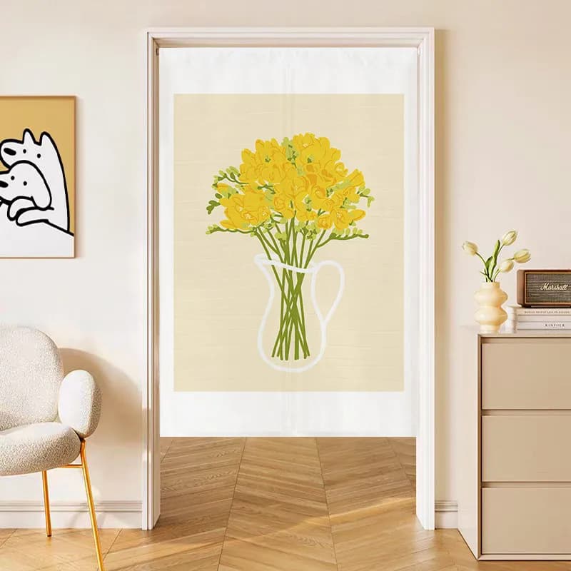 VIKAMA Yellow Flower Vase Noren Door Curtain Minimalist Floral Hanging Curtain Bedroom Entryway Partition Home Decor