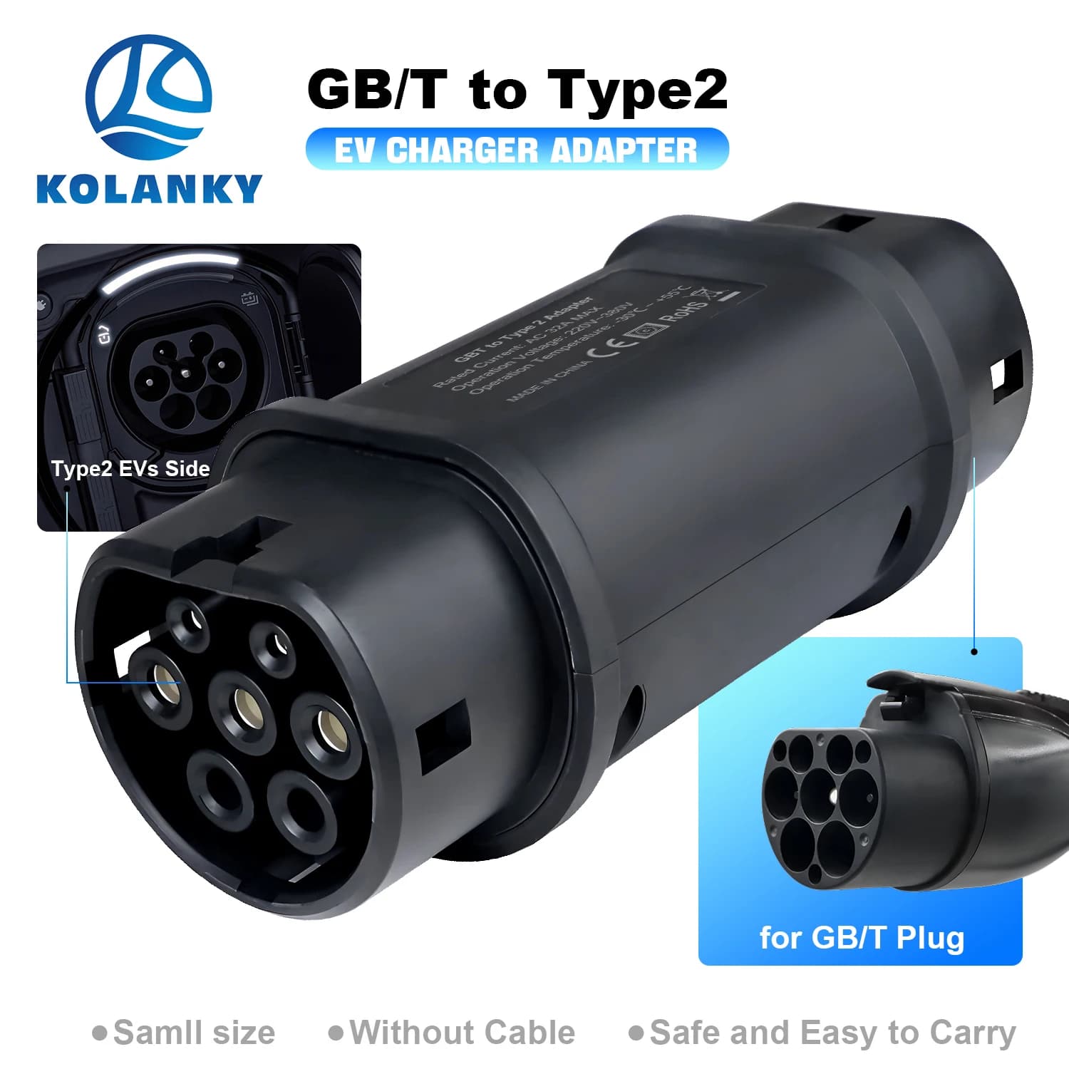 Adattatore di ricarica Kolanky 32A 22KW GBT a Tipo 2 per auto elettriche con standard UE Tipo 2