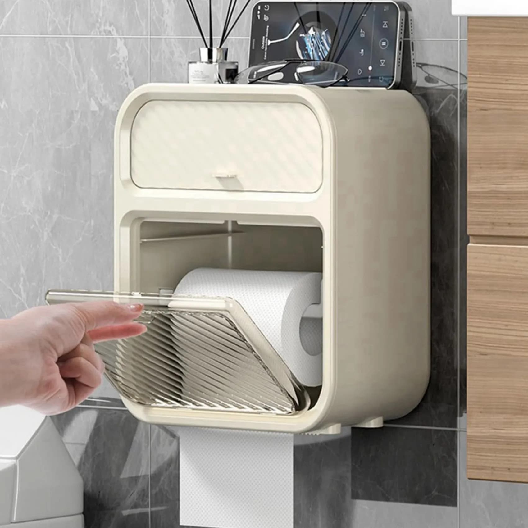Portarotolo da parete impermeabile AB47-3X con vano portaoggetti, scatola porta fazzoletti adesiva con mensola per il bagno
