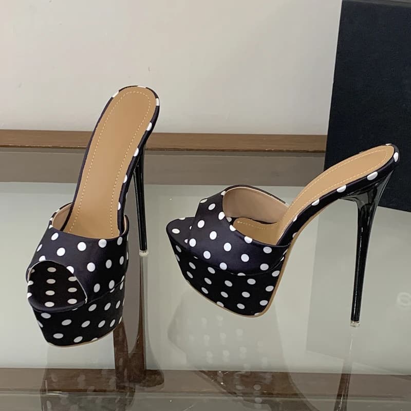 Eilyken Fashion Design Polka Dot Open Toe Women Slippers Sexy Thin Heels Nightclub Stripper Party Slides Shoes