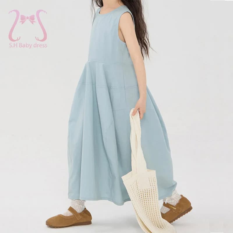 Abito Estivo alla Moda per Bambina, Blu Chiaro, Senza Maniche, Leggero e Traspirante, Costume in Morbido Cotone per Bambini