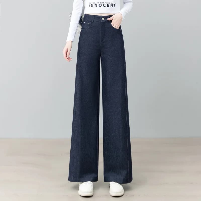 Jeans a gamba dritta stretta blu denim Pantaloni a gamba larga per donna Primavera e autunno Dimagranti a vita alta drappeggiati larghi blu scuro lunghi