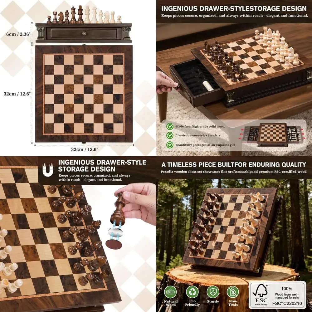 Set di 12 scacchi magnetici portatili con portaoggetti, tavola di legno, regine extra, ideale per viaggi e notti di giochi in famiglia