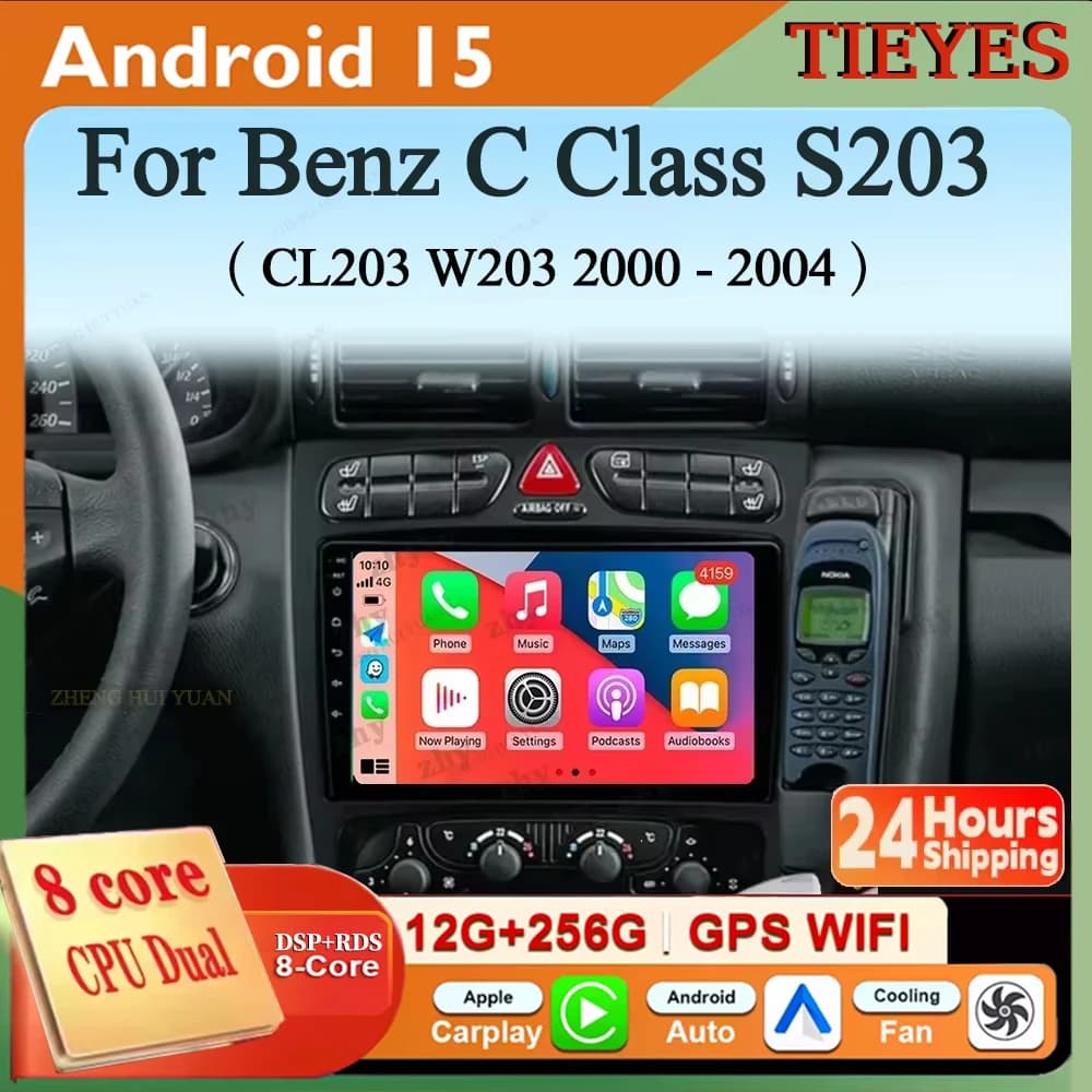 Per Mercedes Benz Classe C S203 CL203 W203 2000 - 2004 Android 15 Carplay Auto Autoradio Lettore Video Multimediale di Navigazione 360 C