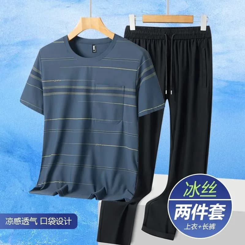 Men's Ice Silk Striped T-Shirt Quick Dry Short Sleeve Casual Summer Dad Top