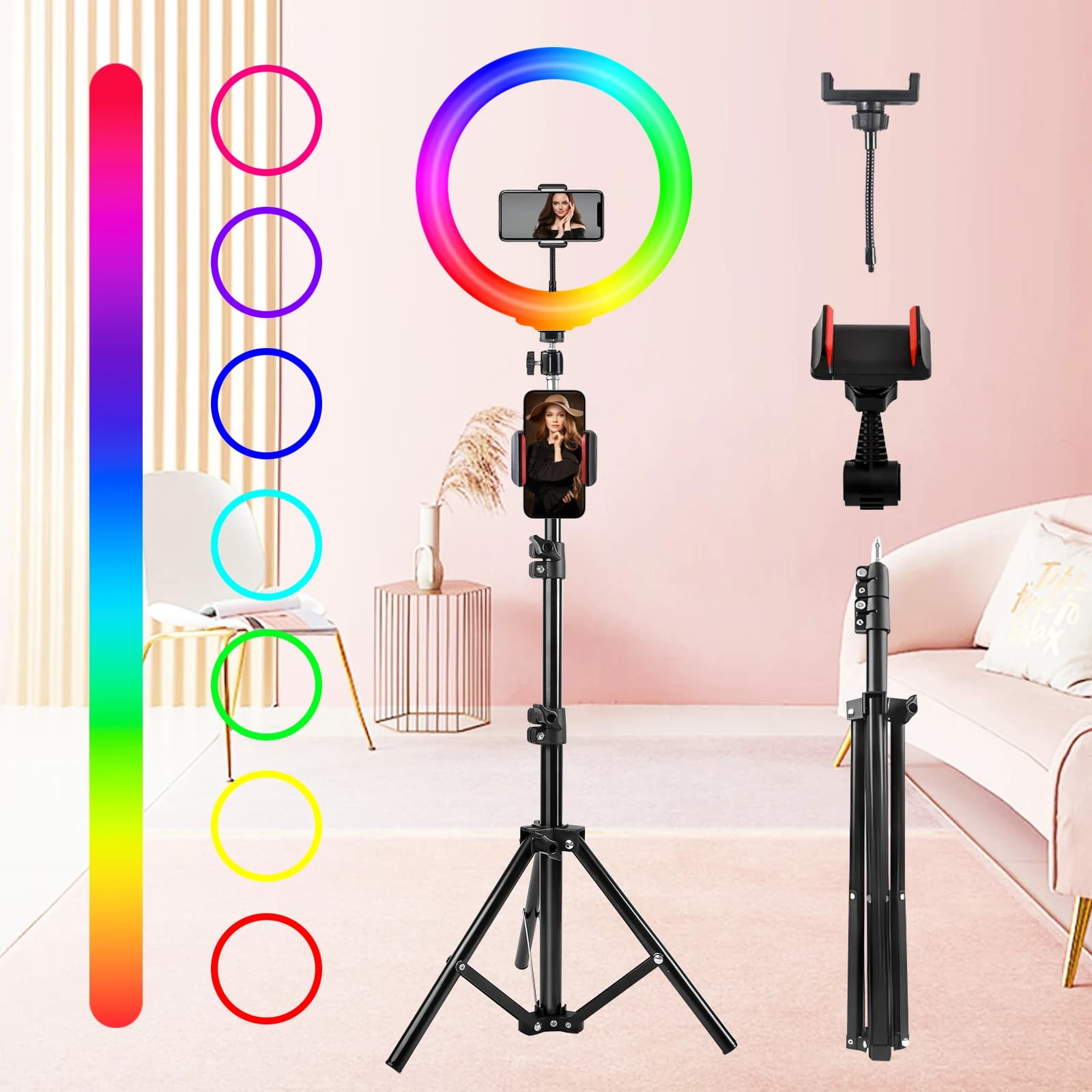 12 Inch LED Ring Light with 110cm Stand, Multiple Color Modes and Adjustable Brightness, USB Power Supply, for Selfies, Holiday