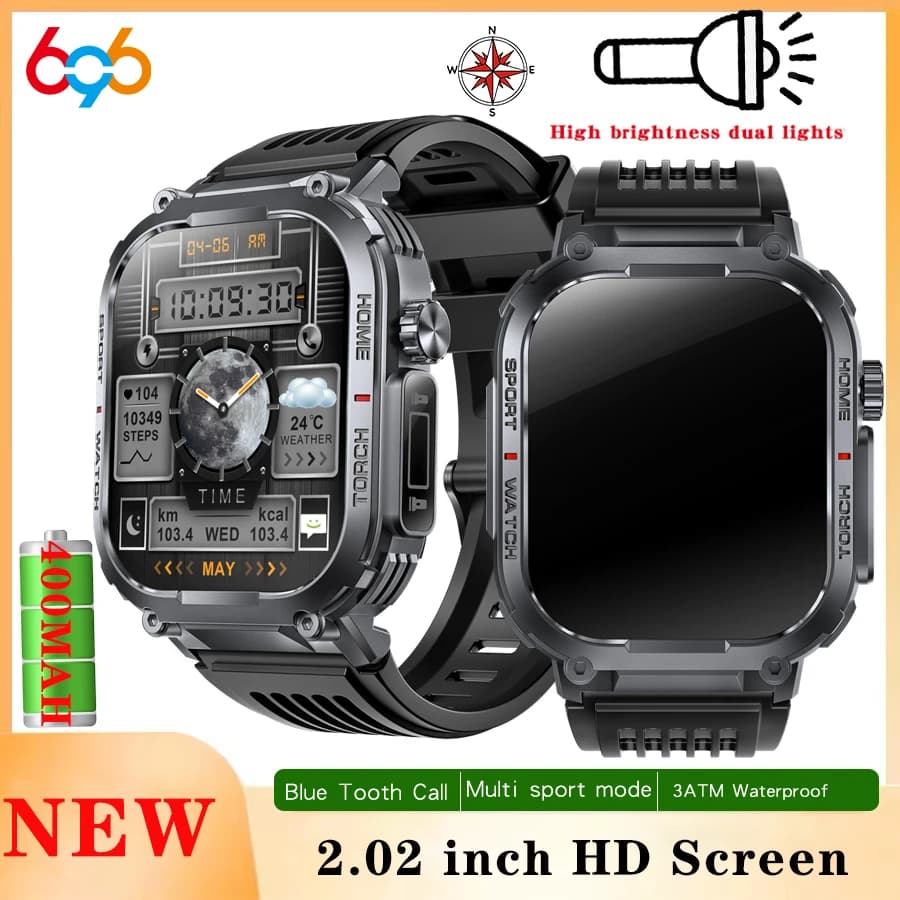696 Outdoor Sports Blue Tooth Call Smartwatch Man Compass Health Monitor New Strong Smart Watch 3ATM Flashlight Waterproof Watch