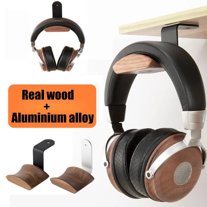 Supporto per cuffie in puro legno di noce Supporto per staffa per cuffie da gioco da tavolo in lega di alluminio per rack per auricolari in legno massello