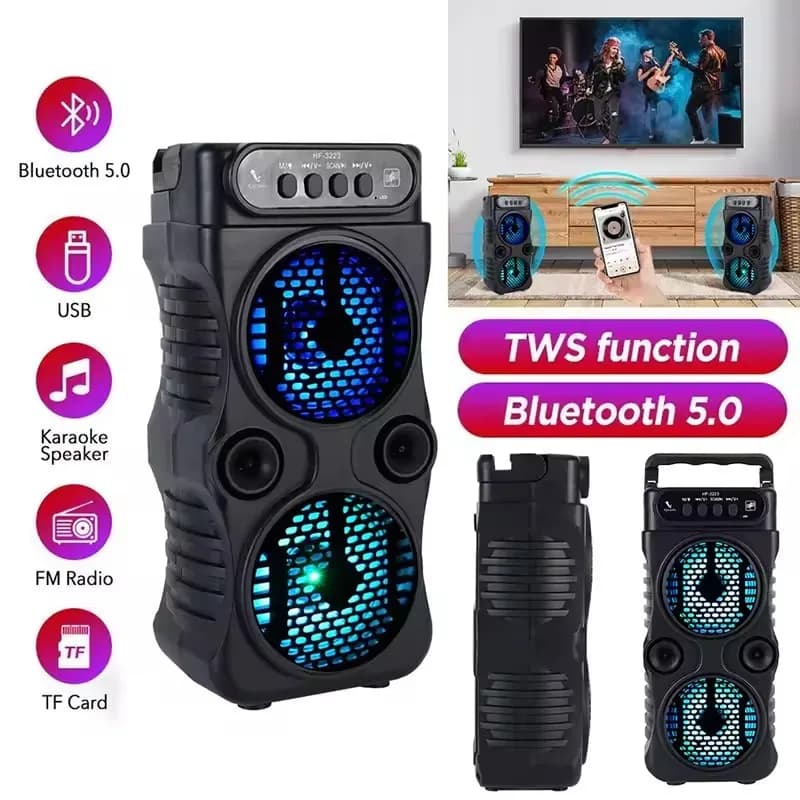 Altoparlante Wireless Portatile da Esterno con Doppi Subwoofer Stereo da 3 Pollici, Bass Boost, Karaoke, Alimentazione USB, Ideale per Feste e Uso Domestico