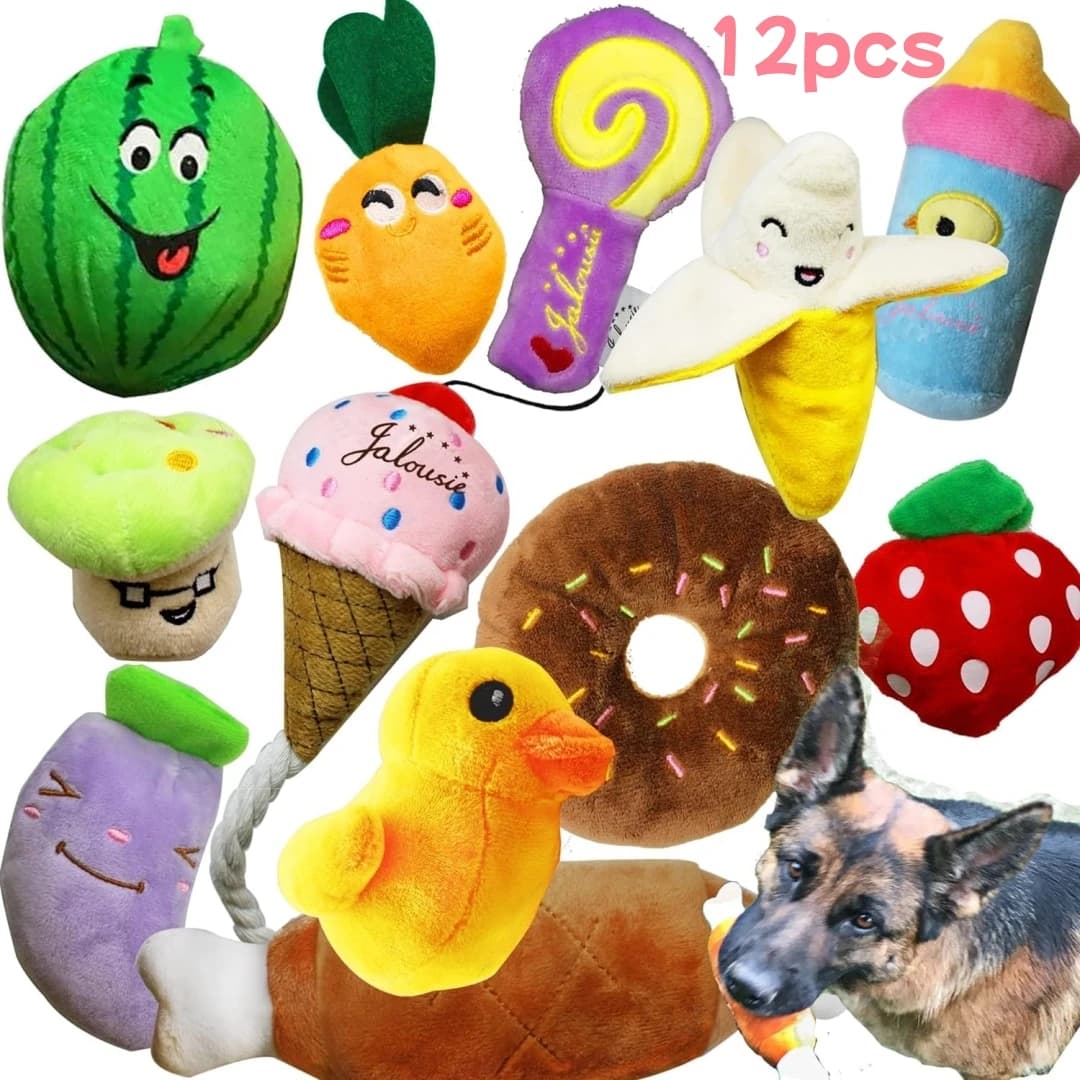 Set da 12 pezzi di giocattoli per cani di peluche, giocattoli che cigola per cani, simpatici giocattoli di peluche per animali domestici, giocattoli gommosi per cuccioli riempiti adatti per piccoli e m