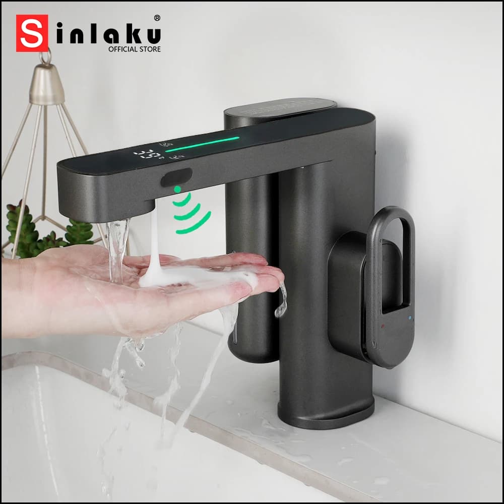 Rubinetto con sensore per lavabo SINLAKU con dispenser di sapone a schiuma, montaggio su piano, uscita a foro singolo, miscelatore touch-free