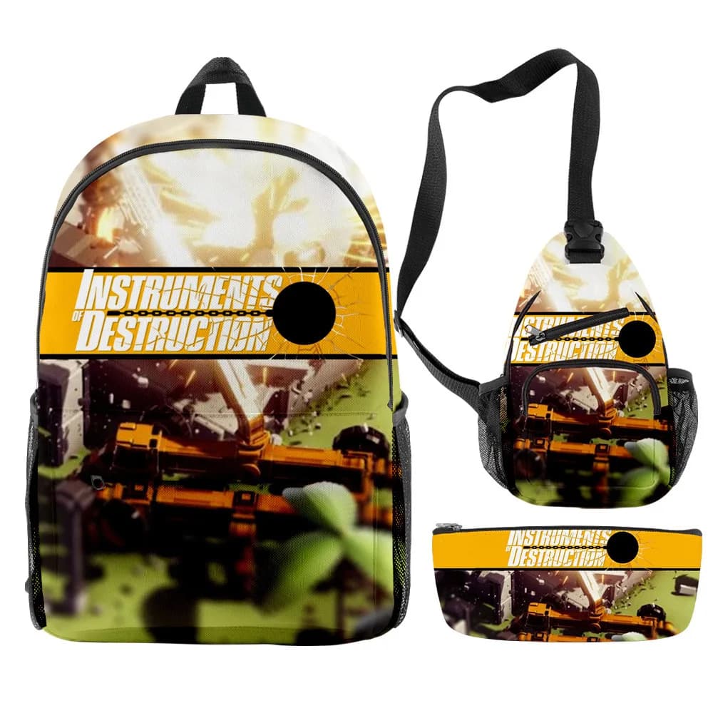 Classic Set of 3 Pieces with 3D Printing 'Cool instruments of Destruction' for the School: Laptop Travel Backpack, Shoulder Bag