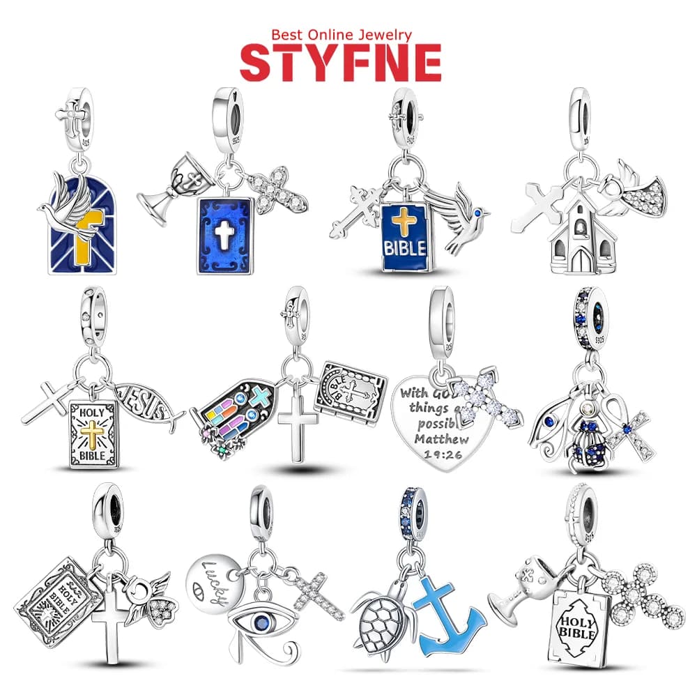 Serie religiosa Ciondoli originali Argento 925 Croce della Bibbia Colomba della pace Perline Ciondolo Adatto Fai da te Bracciale da donna Creazione di gioielli Regalo