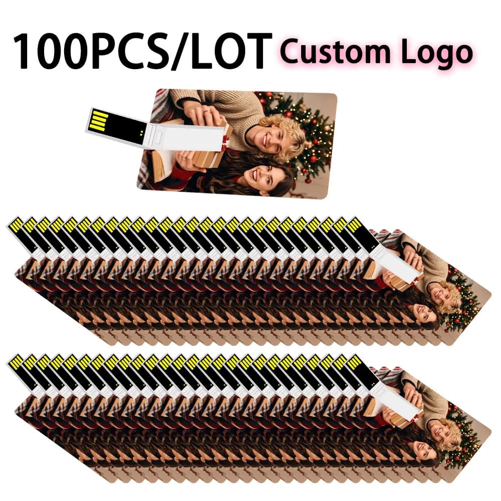 100 pezzi di chiavette USB a forma di carta di credito, memoria da 16GB, 32GB, 64GB, pendrive, chiavetta USB, stampa personalizzata gratuita del logo a colori.
