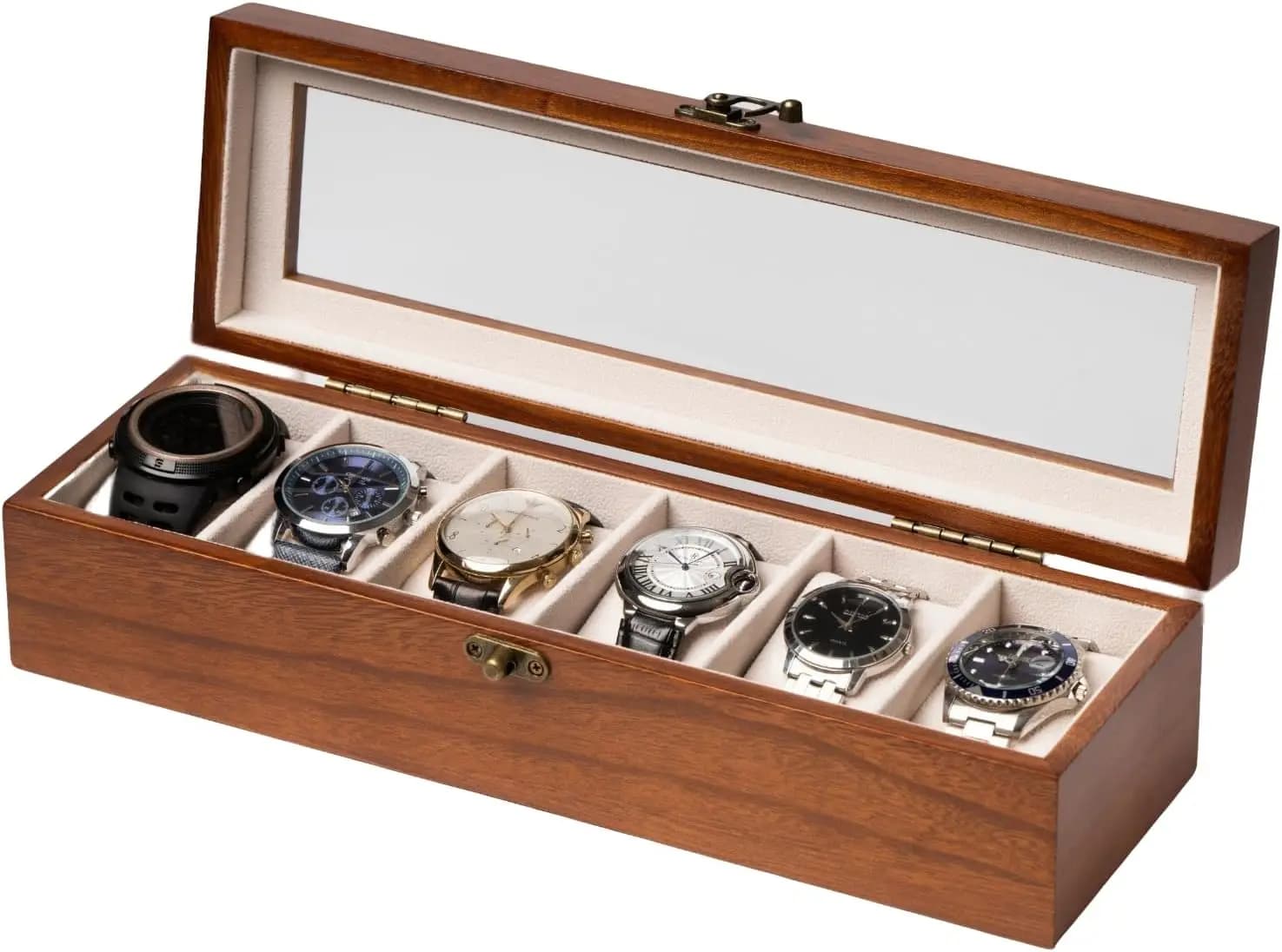 Exhibitor for Watches in Wood with Glass Cover, 6 Parts for Men and Women, Classic Storage Box in Walnut