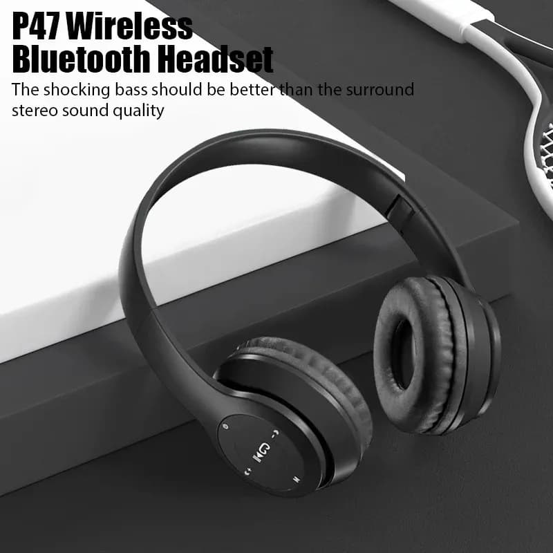 New Bluetooth wireless P47 headphones with microphone, noise cancellation, stereo audio, sports and gaming earphones.