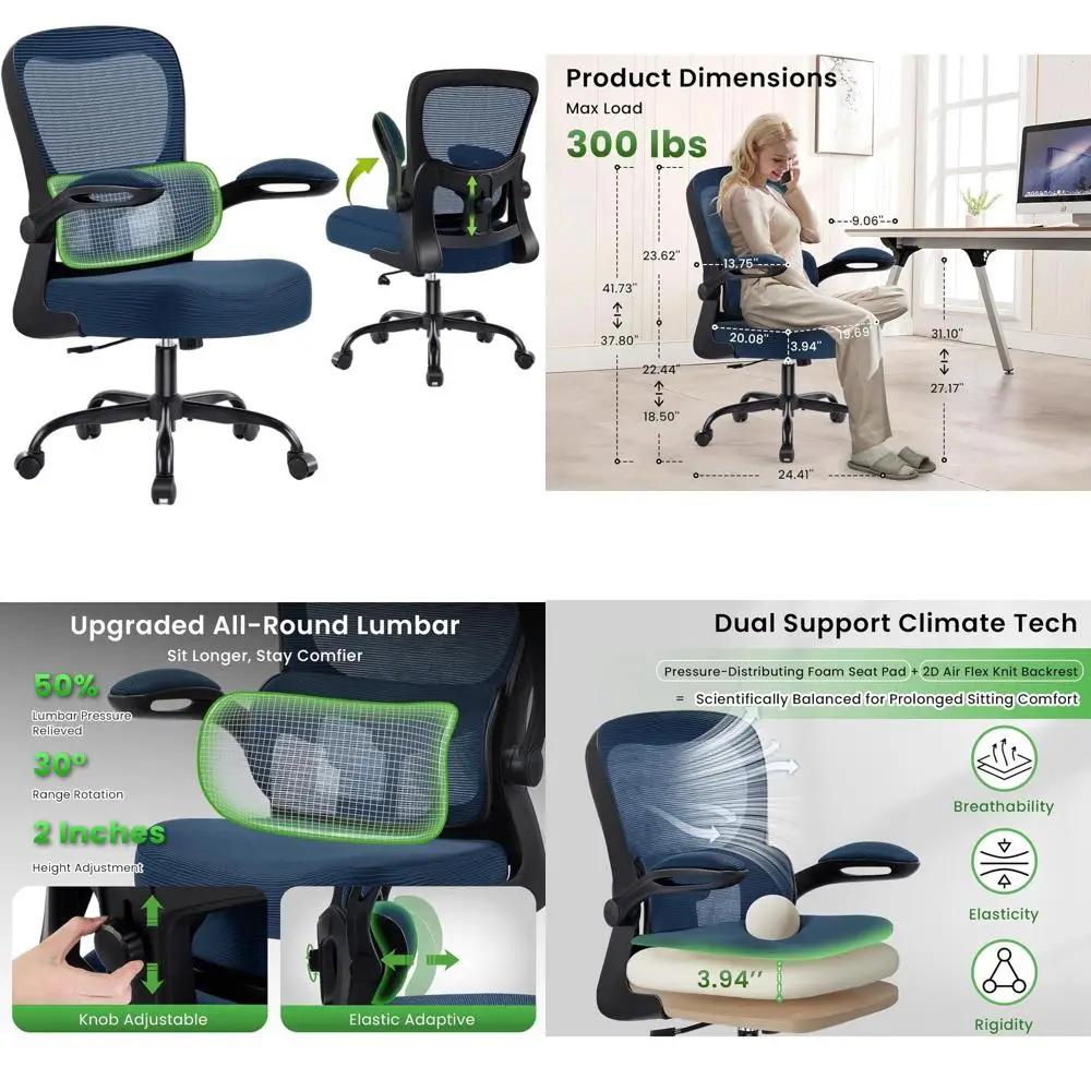 Sedia Girevole Ergonomica con Supporto Lombare Regolabile, Sedia da Ufficio in Rete Blu Navy per Casa e Gaming