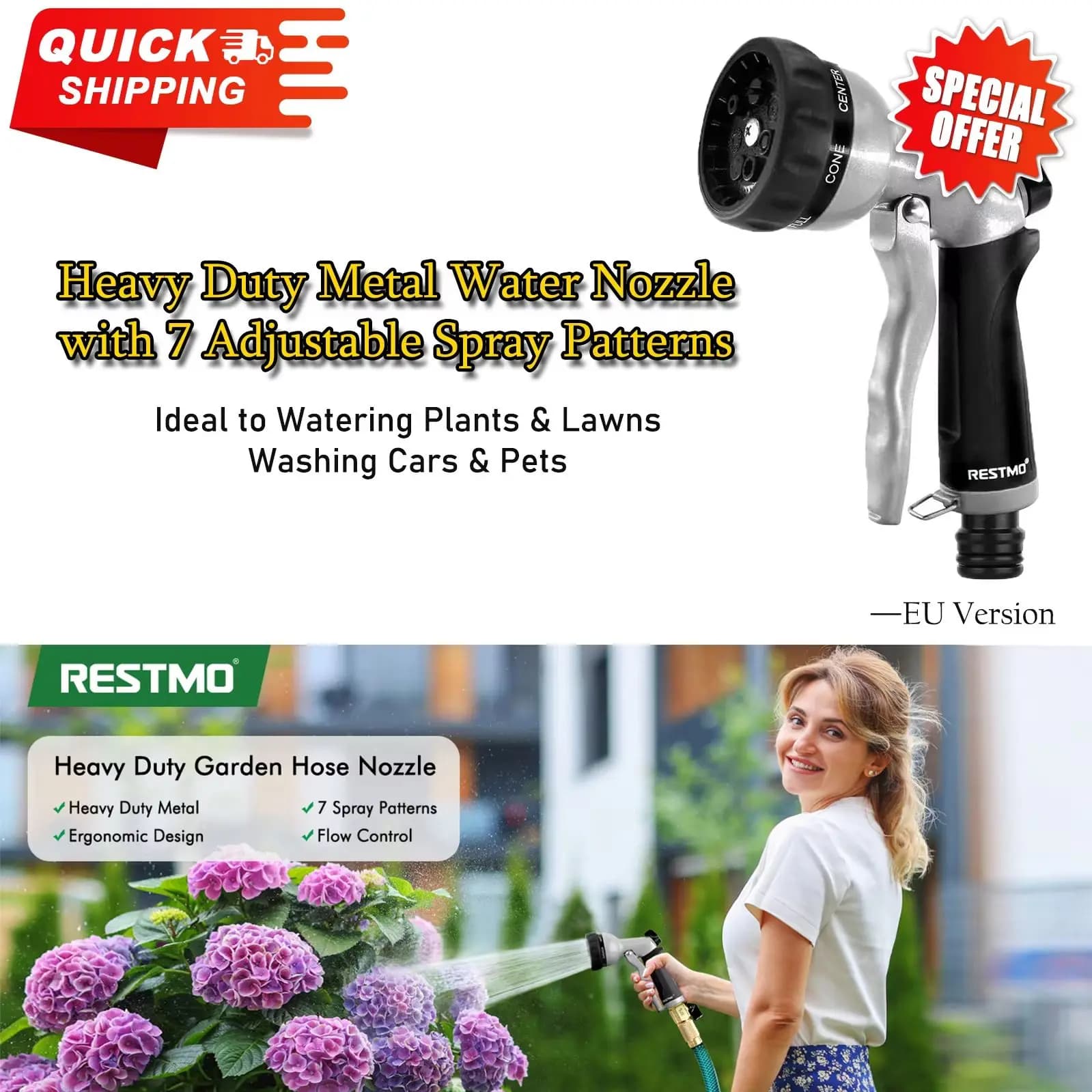 Ugello per tubo da giardino ad alta pressione con 7 modelli regolabili per irrigare piante, lavare auto e animali domestici con controllo del flusso