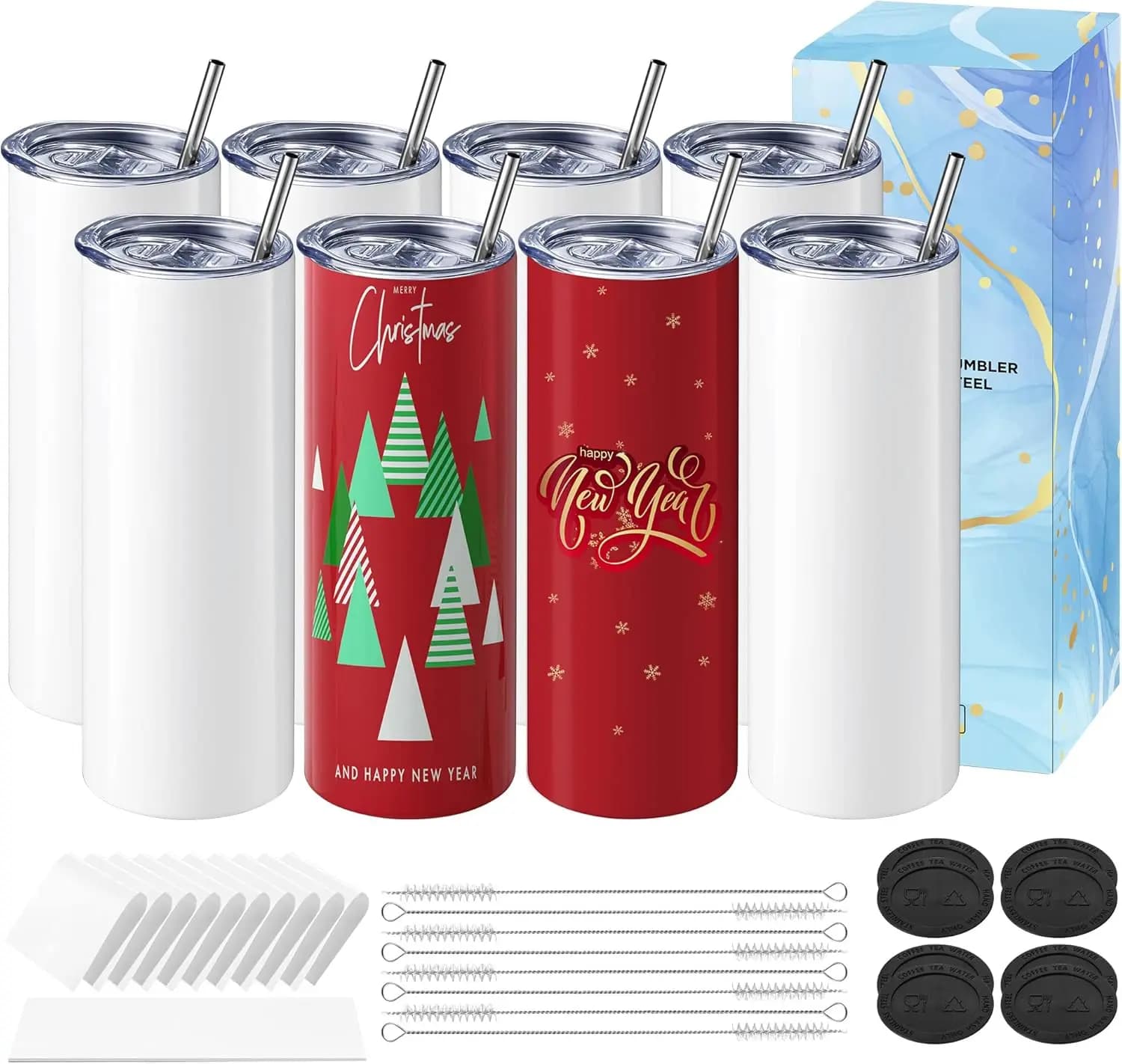 Set da 8 Bicchieri Sublimabili Dritti e Sottili da 20oz con Carta, Coperchi, Cannucce e Pellicola Termoretraibile per Termopressa