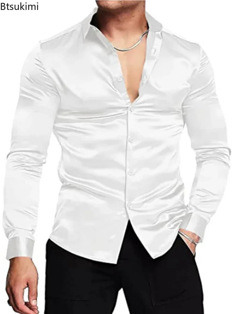 Nuovo 2026 Camicia elegante in raso di seta lucida di lusso da uomo a maniche lunghe Camicia casual slim con bottoni muscolari Maschile Plus Size S-3XL
