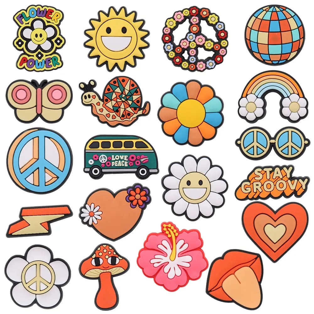 New arrival 1 pcs PVC shoes pendants suitable bracelets peace love flower sun butterfly snail heart fungus decoration slippers