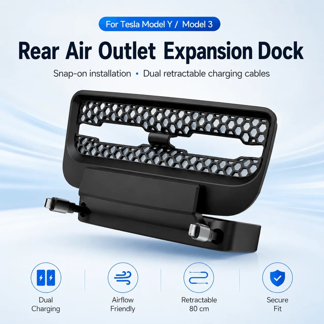 For Tesla Model 3 2021-2023 Model Y 2021-2024 Retractable Car Phone Charger Rear Air Outlet USB Extender Docking Station