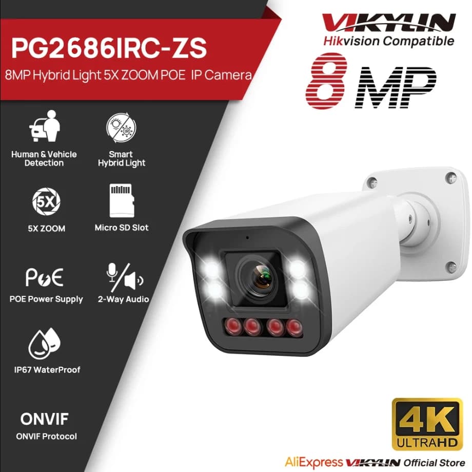 Telecamera IP Bullet VIKYLIN 8MP con Zoom 5X, Slot per Scheda SD, Audio Bidirezionale, IP66, Onvif, Telecamera di Sorveglianza Domestica CCTV POE